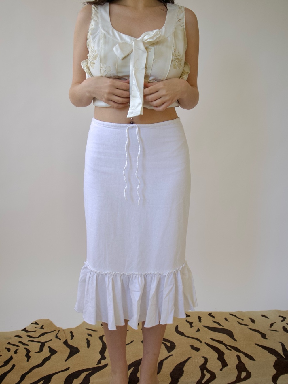 White Ruffle Hem Midi Skirt